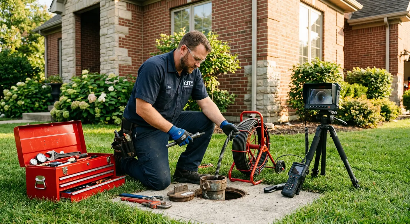 Sewer specialist with camera equipment servicing a cleanout in Keene