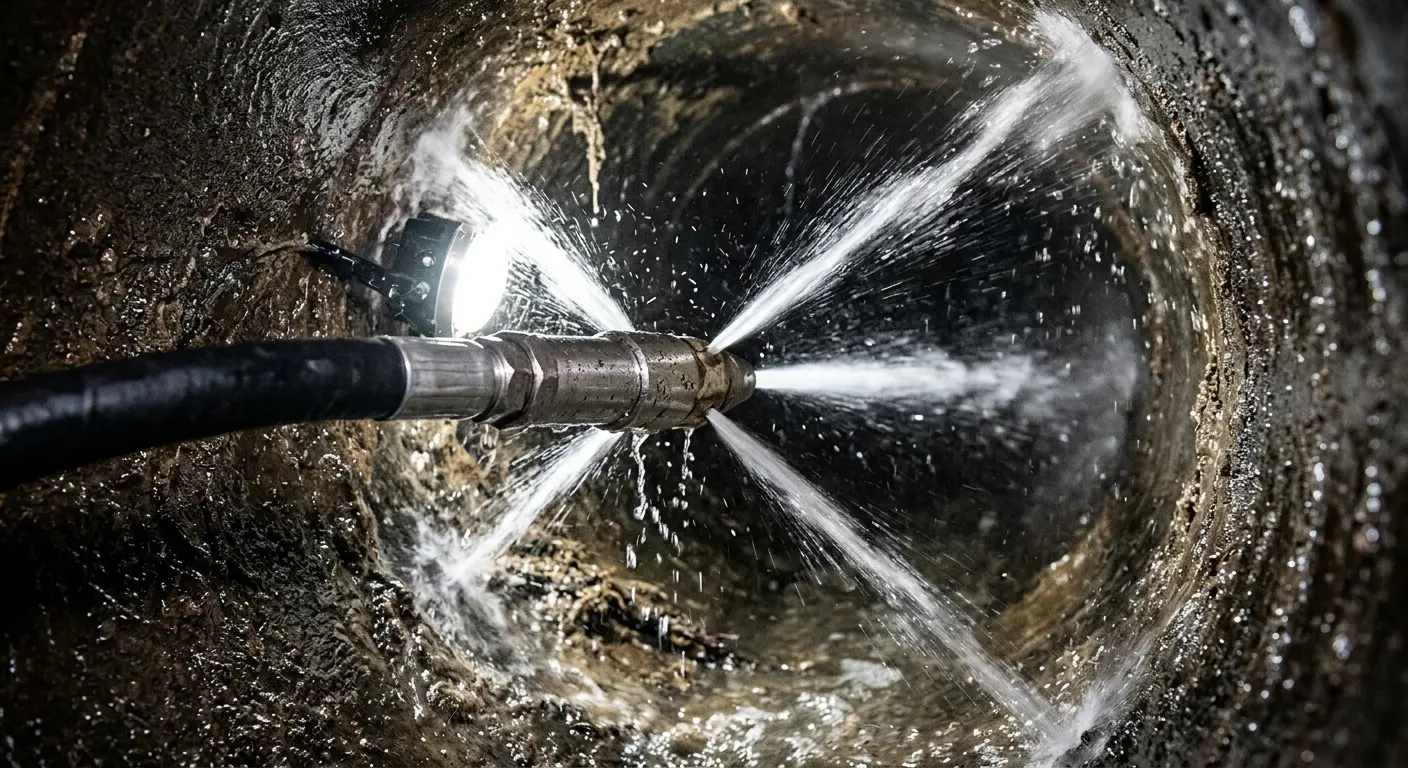 High-pressure hydro jetting nozzle cleaning sewer pipe for Sewer Line Relining in Keene
